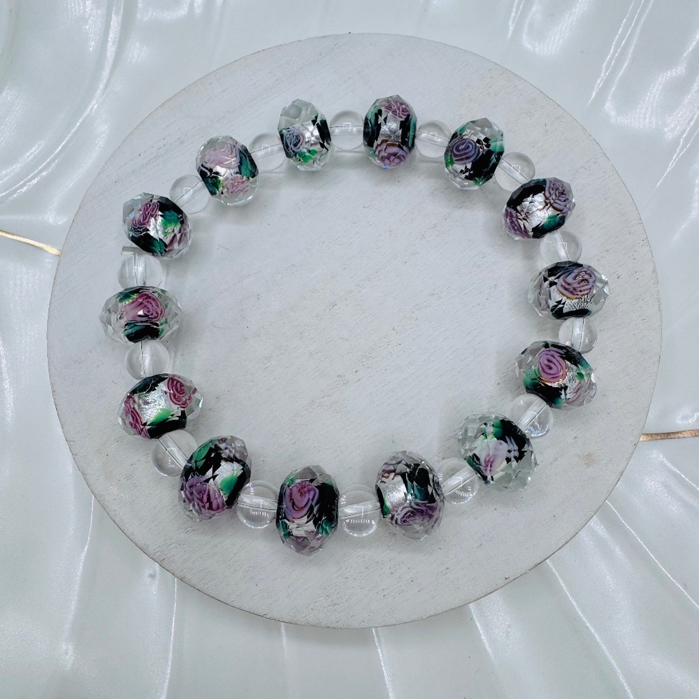Floral Glass Bead Stretch Bracelet - Purple PinkRose